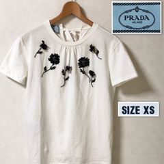 ■良品■PRADA プラダ　半袖Tシャツ　カットソー　ビジュー・ビーズの花柄　リボン　sizeXS (オーバーサイズ。実寸は大きめで、Lサイズ程度です) イタリア製　ホワイト　レディース