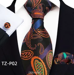 ネクタイ　ポケットチーフ　カフスボタン　格安　3点セット　結婚式 パーティー イベント　成人式　卒業式 入学式 入社式　メンズネクタイ　チーフ　カフス　3点　セット　ペイズリー柄　ストライプ柄　ネイビー色　ブラック色　パープル色　オレンジ色　グリーン色