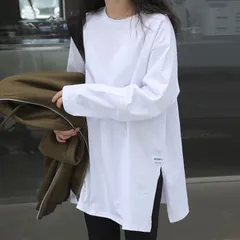 ロングTシャツ レディース 長袖 トップス 秋冬 大きいサイズ チュニック カットソー 春服 春物 ドロップショルダー かわいい ロング丈 ロンt ゆったり 体型カバー スリット入り オーバーサイズ 部屋着 安い 送料無料1002