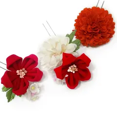 髪飾り 成人式 振袖 袴 3点セット 赤 白 浴衣 かんざし 簪 卒業式 フォーマル 結婚式 花飾り つまみ細工 リボン ちりめん ブライダル W 髪飾り 303-210 赤 d748　WSi