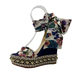 クリスチャンルブタン ミュール 36 レディース美品  - ネイビー×ゴールド×マルチ 花柄/アウトソール張替済//ウェッジソール