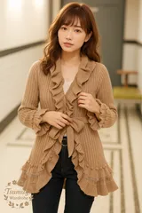 GALLERY VISCONTY ギャラリービスコンティ ラビットファー ポンポン フリル リブ カーディガン ロング キャメル 2