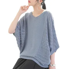 Free Size_グレイッシュブルー [n'OrLABEL] オシャレウォーカー【前後2way透かし編みドルマンニット】サマーニット レディース 春夏 トップス プルオーバー 半袖 五分袖 Vネック クルーネック ドルマン袖 前後で着られる tfn0227