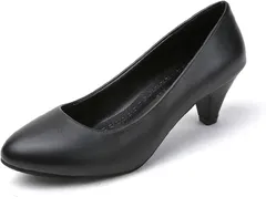 goodspoon パンプス レディース ヒール5cm 歩きやすい リクルート オフィス フォーマル 痛くない 疲れない レインシューズ 黒 幅広 ラウンドトゥ プレーン 柔らかい ストレッチ 軽量 PUレザー( ブラック,  24.5 cm)