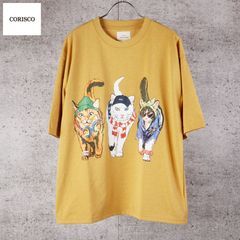 新品 CORISCO コリスコ ネコ ねこ 猫 プリント Tシャツ 半袖 メンズ レディース ユニセックス かわいい アニマル プリント カットソー 子猫 cat 3匹 バックプリント Tシャツ tee M L LL イエロー 黄色  181927