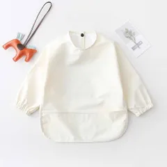 ☆ 下段ポケット×オフホワイト ☆ S ☆ ベビー お食事エプロン 撥水 長袖 babybib483 食事 エプロン 長袖 ベビー お食事エプロン スタイ お食事スタイ 食事用エプロン キッズエプロン 食事エプロン 男の子 女の子 無地 撥水 はっ水 赤ちゃん