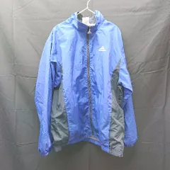◇ adidas アディダス 刺<!-利用不可文字-!>ロゴ　ジップアップ　バックプリント 長袖 ナイロンジャケット サイズ150 ブルー系 メンズ E  【1304050035784】