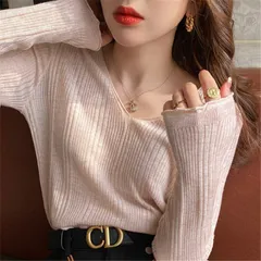 ニットトップス 長袖 畦編み Vネック プルオーバー ゆったり インナーニット 薄手 リブニット ニットセーター 春 秋 327f438