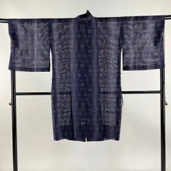 道中着 身丈103cm 裄丈68cm L 和装コート 格子 幾何学 青紫 正絹 美品 逸品 【中古】