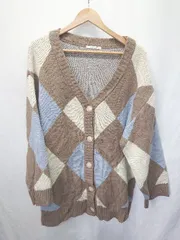 ◇ ⊇ retrogallery アーガイル柄 長袖 ニット カーディガン サイズF ブラウン ブルー ベージュ系 レディース E  【1411070016775】