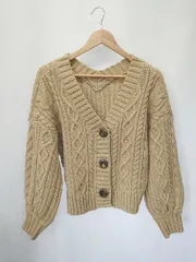 ■ ⊇ Heather ヘザー ケーブル編み　ガーリー 長袖 Vネックニットカーディガン サイズF ベージュ系 レディース E  【1411130007064】