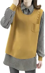 Four leaf 1枚で主役級 重ね着風 トップス レディース 長袖 チュニック 異素材 ミックス レイヤード風 ニットベスト ストライプ ブラウス シャツ 襟付き 縦縞 おしゃれxモダン(イエロー,  Free Size)