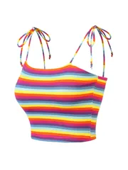 Allegra K チューブトップ キャミソール ノースリーブ ストライプ レインボー柄 夏 レディース マルチカラー パープル M