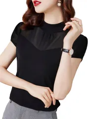 [優億] シアー 半袖Tシャツ トップス レディース ハイネック シースルー 透け感 セクシー ブラウス 薄手 黒 シースルー 着痩せ スリム 細身