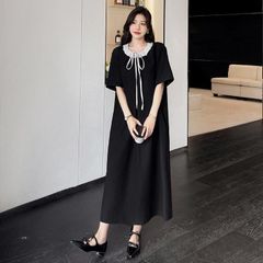 夏ワンピース ロングワンピース 半袖ワンピース 黒ワンピース 黒白 短袖 aラインワンピース 体型カバー ポケット付き リボン付き 可愛い エレガント 大きいサイ