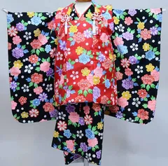 七五三 三歳 女児 被布着物フルセット 黒色×赤色 百花繚乱 半衿付き 3歳 3才 三才 女の子 祝着 お仕立て無料 NO38018