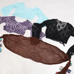 【ベリーダンス衣装 まとめ売り】チョリ トップス スカーフ 全4点セット 黒 紫 水色 茶色 フリル レース 花柄 レッスン着