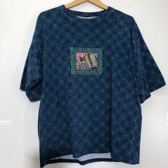 デニムリパブリック 総柄 Tシャツ 丸首 半袖 L 紫緑 綿ポリ お出かけ 