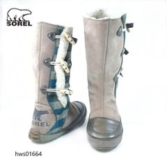 SOREL ミドルブーツ ムートン チェック 23cm グレージュ スノーブーツ hws01664