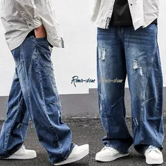 ★3D ワイドレッグ ヘヴィブリーチ 変形 デニムパンツ ダメージ加工 メンズ サイズS〜2XL ダメージ 大きいサイズ インディゴ 大きい★615