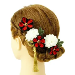 髪飾り 成人式 つまみ細工 赤 振袖 前撮り 袴 浴衣 夏祭り 花火大会 豪華3点セット 白 ゴールド ちりめん 房付き 組紐 ヘアア No.9-3593