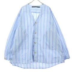 美品 niko and... ニコアンド ストライプ柄 長袖 Vネック ノーカラーシャツ M ブルー メンズ 古着