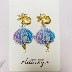 ハンドメイド　〜海中散歩〜大きな貝殻とホヌ(グレー系)