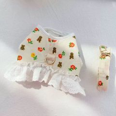 犬服 猫服 ドッグウェアハーネスリードセット胴輪 小花柄熊柄綿質マジック