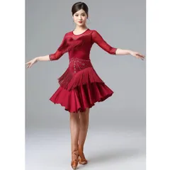 新品 未使用  新作 フリンジ&ストーン輝くラテン練習用スパッツ付きワンピース 社交ダンスドレス ラテンダンス衣装 レッスンウェア ステージ衣装