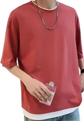 [エンプティオ] 重ね着風 大きいサイズ 五分袖 無地 サラサラ シャツ メンズ 透けない 吸水速乾 登山 トレーニング tシャツ 薄手 薄い ユッタリ 吸汗速乾 着丈長め 着圧 サッカー 作業着 涼しい ツルツル 通気性 マラソン [ルビーレッド] [XL]