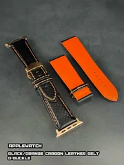 ブラック/オレンジ カーボン レザー ベルト Dバックル アップルウォッチ 裏地