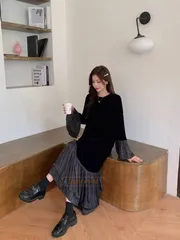 マキシワンピース ロングワンピース ベロア 重ね着 ワンピースフレア袖  フレア裾 レディース ロングワンピース ワンピース 秋 冬 春 長袖 ブラック きれいめ ゆったり ロング丈 マキシ丈   無地　chaoliu216