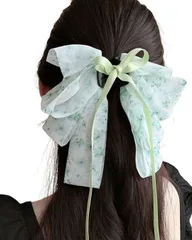 【オーガンジーリボン×ロングテール】韓国風 バンスクリップ 大ぶり 花柄 ヘアクリップ レディース まとめ髪 結婚式 二次会 デイリー (水色) [水色]