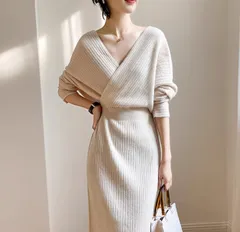 ワンピース ニット レディース ミモレ 長袖 Vネック カシュクール 襟なし 細身 Aライン フェミニン ハイウエスト リブ リブニット 中厚手 ニット リブニット 大人可愛い きれいめ シンプル 上品 おしゃれ かっこいい こなれ感 クール エレガント モダ