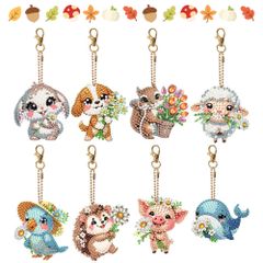 新品 ダイヤモンドアート キーホルダーキット [LOMSIOY] 8個セット（動物モチーフ・両面DIY）｜初心者向け手作りビーズアート｜小さいサイズで簡単完成・付属道具完備（トレイ・粘着泥・ダイヤモンド・チェーン）｜キーホルダーとして使える・装飾用プレゼントに