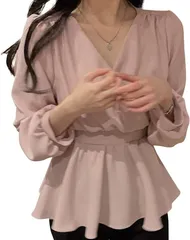 WEARBIE ウェアビー カシュクール へプラム リボン ブラウス 長袖 シャツ シャーリング キレイめ レディース 薄手 トップス サラサラ ロングシャツ 高見え パフショルダー クロスデザイン バックリボン ウエストマーク(ピンク,  S)