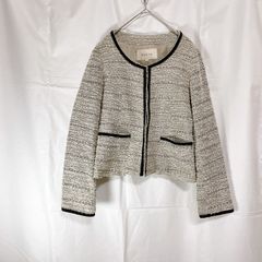 美品 Stola. ストラ レディース ジャケット サイズ40 ノーカラー ツイード  アイボリー ベージュ ブラック シルバー ラメ パイピング キレイめ フォーマル お仕事着