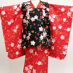 七五三 三歳 女児 被布着物フルセット 赤色×黒色 百花繚乱 半衿付き 3歳 3才 三才 女の子 祝着 お仕立て無料 NO7895