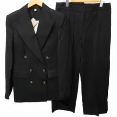 バーバリー BURBERRY タグ付 近年モデル シルク混 ウール セットアップ パンツスーツ ダブル 2B 刺繡ボタン ブラック 黒 UK10 約S-Mサイズ 0421のサムネイル