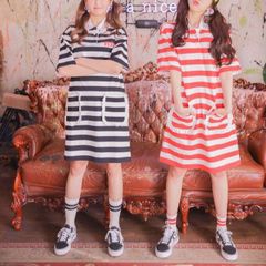 FIFI LAPIN 韓国ファッションレディースウサギイラストボーダーワンピース