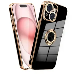MiaoKeDa iphone15 リング ケース 耐衝撃 リング付き TPU 車載ホルダー ストラップホール付き メッキ加工 スマホケース ブラック 0