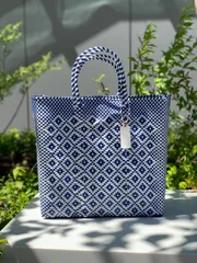 新品 大人気オアハカ産 メルカドバッグ メキシコ ダイヤ柄 青白 MサイズY4