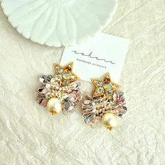 大人気 全2色 ビジュースター×ツイード コットンパール ピアス/イヤリングP