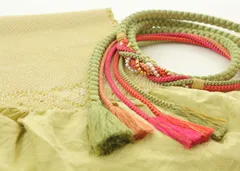 帯揚げ帯締め２点セット　正絹　きみどり　帯揚げ帯締めセット　先割れ４色カラフル