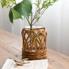 花瓶 フラワーベース ガラス 円柱 花器 アラログ ガラスフラワーベースA かご カゴ ラタン 天然素材 手編み ラタンバスケット インテリア ガラスベース 花びん 