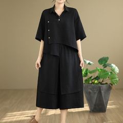 モード系  個性派  ソリッドハーフスリーブデザインシャツ＆ワイドレッグクロップドパンツセット 2ピース