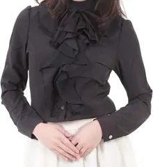 PJ S ブラウス フリルブラウス 立ち襟 レディース フォーマル 長袖(ブラック,  XL)