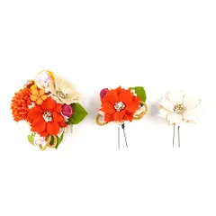 髪飾り 成人式 赤 振袖 前撮り 袴 3点セット 花 桜 さくら オレンジ 橙色 白 ピンク シャンパンゴールド ちりめん 玉飾り 組紐 No.12-0264