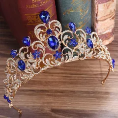 ブルー ゴールド ウェディング クラウン ヘア アクセサリー 結婚式 ティアラ 王冠 ブライダル 花嫁 姫系 記念写真 結婚式 披露宴 発表会 イベント パーティー カチューシャ 髪飾り レディース WE1223