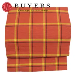 【中古】 名古屋帯 正絹(金銀糸除く) オレンジ系 黄色 格子柄  チェック 松葉仕立て 和装 呉服 和服 きもの レディース 女性